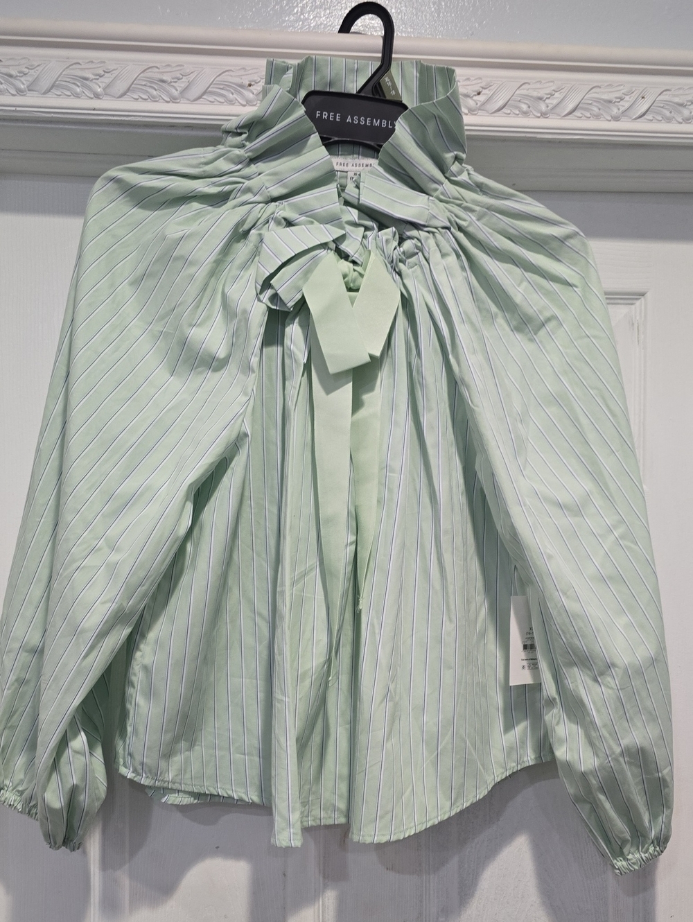 Free Assembly Mint Green Striped Tie-Neck Blouse